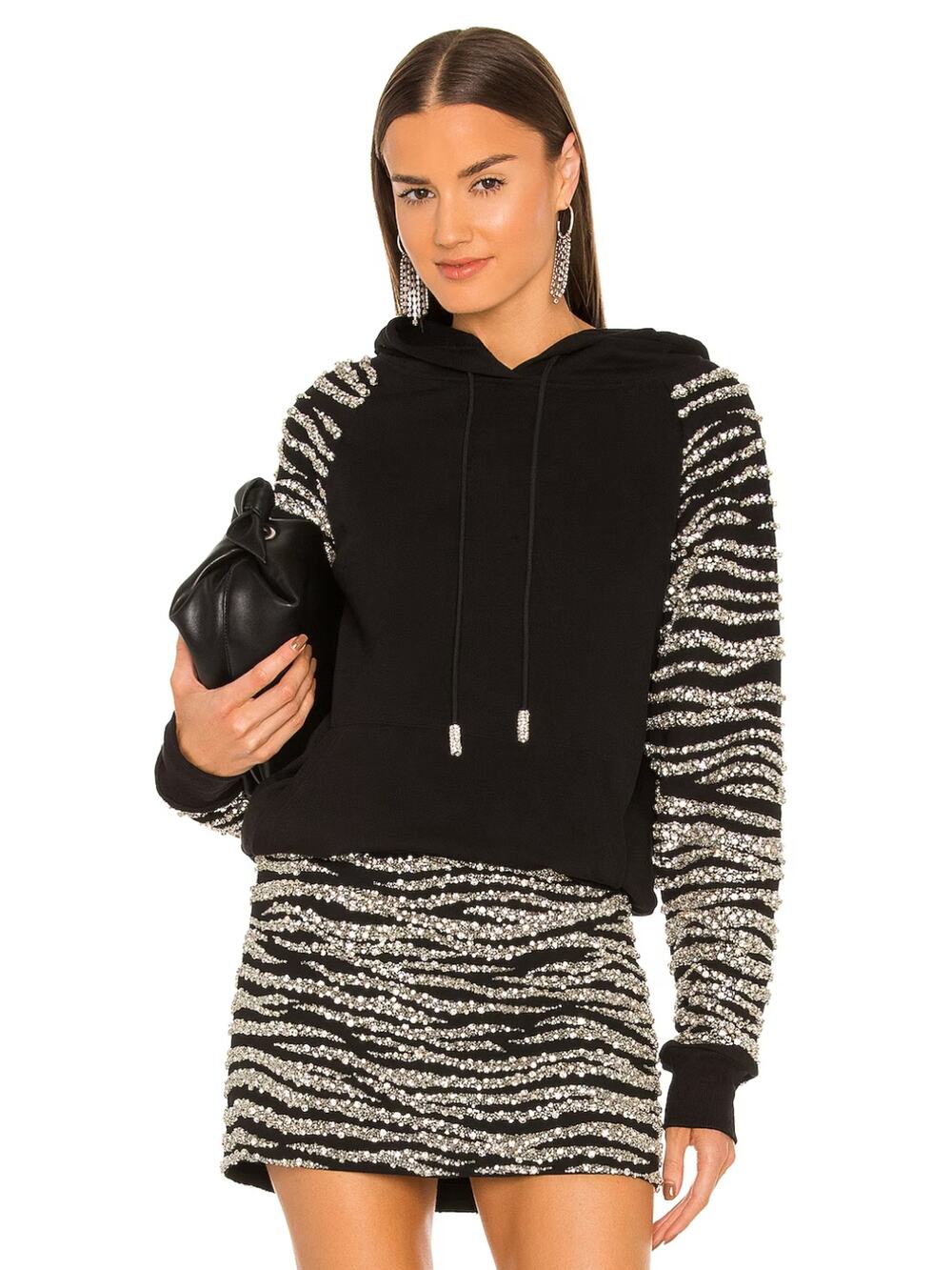 Retrofete Black Isa Crystal Jeweled Beaded Sleeve Hoodie Sweatshirt Large